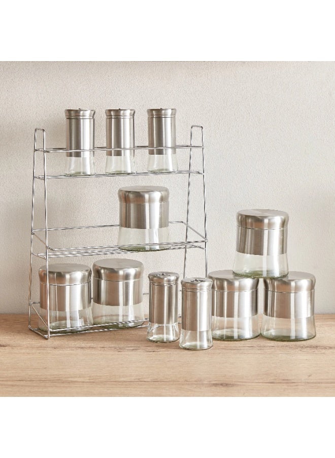 توشيونيكس طقم رفوف توابل زجاجية مكون من 12 قطعة مع رف من الفولاذ المقاوم للصدأ بثلاث طبقات | حاويات توابل كبيرة وصغيرة | منظم سطح المطبخ | فضي وشفاف | موديل T114741 - Image 2